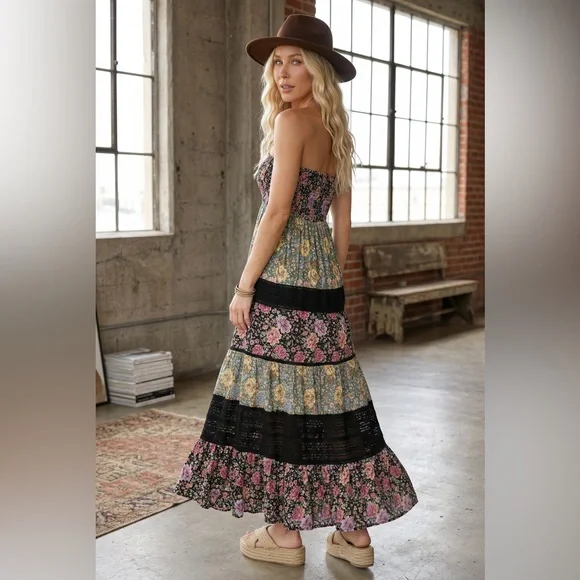 NWT Angie Boho Mixed Floral Print Crochet Smocked Strapless Maxi Dress - Picture 4 of 5